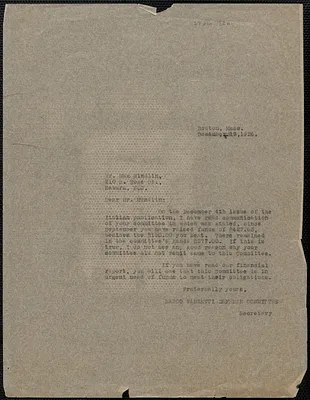 Sacco-Vanzetti Defense Committee typed letter (copy) to Max Mindlin, Boston, Mass., December 17, 1926