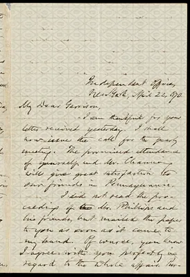 Letter from Oliver Johnson, Independent Office, New York, to William Lloyd Garrison, April 22, 1870