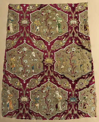 Fragment with falconer and attendant in animated lattice, from a robe