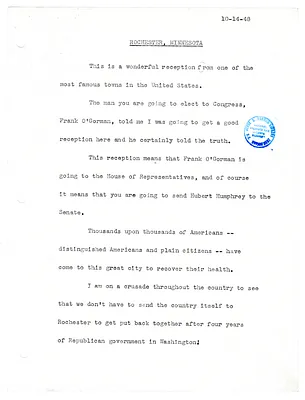 Reading Copy, Speech of President Harry S. Truman, Rochester, Minnesota