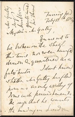 Emily Tennyson autograph letter signed to Mr. Gatty, Farringford, [Isle of Wight], 12 February 1859