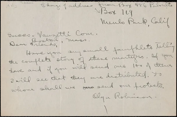 Olga Robinson autograph note signed to Sacco-Vanzetti Defense Committee, Menlo Park, Calif.