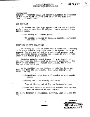 Probable Arab and Soviet Reactions to Possible US Military Moves Against Iran (Mining and Bombing)