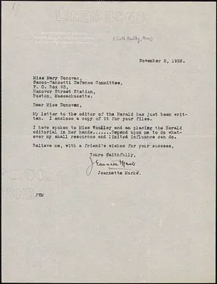 Jeannette Marks typed note signed to Mary Donovan, South Hadley, Mass., November 2, 1926