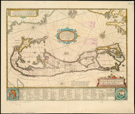 Mappa aestivarum insularum alias Barmudas dictarum, ad Ostia Mexicani aestuarij jacentium in latitudine graduum 32 minutorum 25. Ab Anglia Londino scilicet versus Libonotum 3300 Miliaribus Anglicanis, et a Roanoack (qui locus est in Virginia) versus Euronotum 500 Mill. accurate descripta