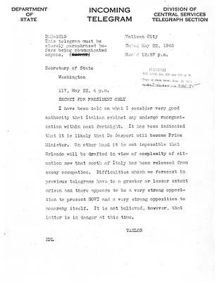 Telegram from Myron C. Taylor to Secrertary of State Edward Stettinius