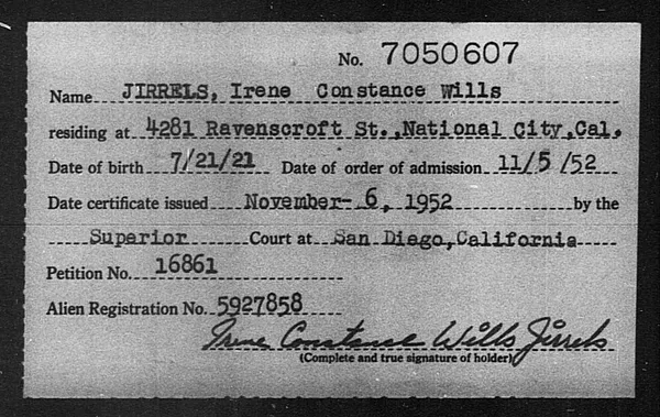 Jirrels, Irene Constance Wills - 1952