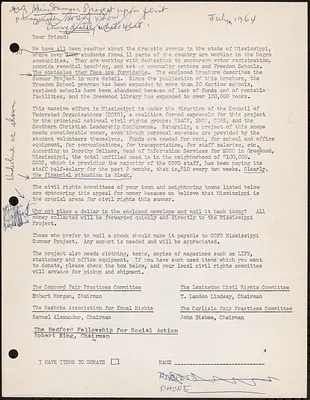 Draft of solicitation letter for COFO Mississippi Summer Project