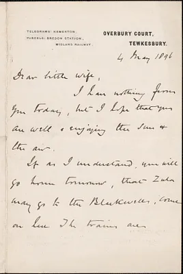 [John Biddulph Martin] autograph note signed to [Victoria Woodhull Martin], Tewkesbury, [England], May 4, 1896