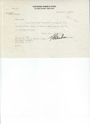 Letters Received to C.B. Lee, October 4, 1929