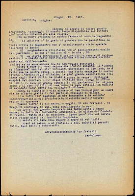 Bartolomeo Vanzetti typed letter (copy) to Luigia Vanzetti, [Charlestown], 28 June 1923