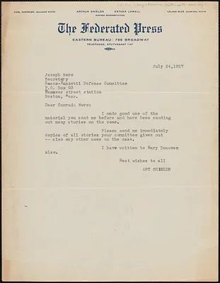 Art Shields (The Federated Press) typed note to Joseph Moro (Sacco-Vanzetti Defense Committee), New York, N.Y., July 24, 1927