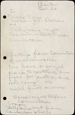 Sacco-Vanzetti Defense Committee autographed note to Nicola Sacco and Bartolomeo Vanzetti, Boston, 26 October