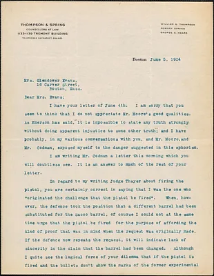 William G. Thompson typed letter signed to [Elizabeth] Glendower Evans, Boston, Mass., June 5, 1924
