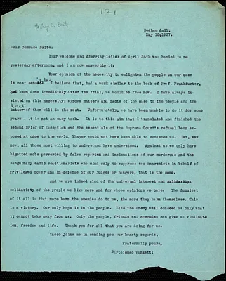 Bartolomeo Vanzetti typed letter (copy) to Mary D. Brite, Dedham, 15 May 1927