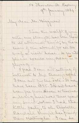 A. Q. T. Parsons autograph letter signed to Thomas Wentworth Higginson, Roxbury, Mass., 9 January 1884