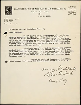 Mary Slechbardt, Louis Talbach and Elise J. Kelly typed letter signed to Nicola Sacco and Bartolomeo Vanzetti, Stelton, N.J., 9 June 1926
