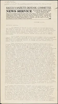 Bartolomeo Vanzetti typed manuscript letter to Luigia Vanzetti, [Charlestown], 5 December 1926