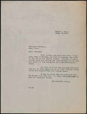 Mary Donovan typed letter (copy) to Margaret Shipman, Boston, Mass., September 8, 1927