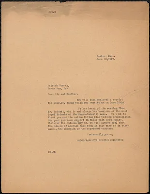 Sacco-Vanzetti Defense Committee typed note (copy) to Patrick Conway, Boston, Mass., June 20, 1927