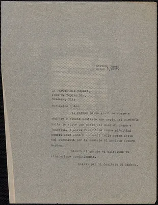 Sacco-Vanzetti Defense Committee typed letter (copy), in Italian, to Le Parole Del Popolo, Boston Mass., March 2, 1927