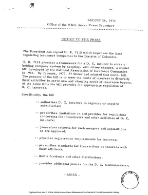 President Signs H.R. 7218 Improving Laws Regulating Insurance Companies in the District of Columbia [Signing Statements and Announcements]