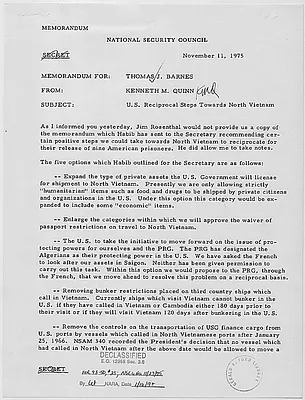 Memorandum from National Security Council staff member Kenneth Quinn to his colleague Thomas J. Barnes concerning U.S. reciprocal steps towards North Vitenam