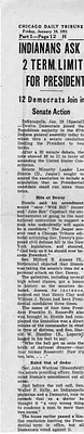 Newspaper Article, The Chicago Daily Tribune, Indianans Ask 2 Term Limit for President