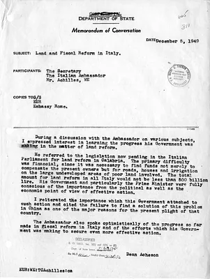 Memorandum of Conversation with Secretary of State Dean Acheson, the Ambassador of Italy, and Theodore Achilles