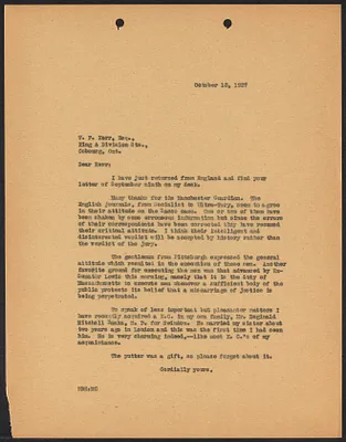 Herbert Brutus Ehrmann Papers, 1906-1970. Sacco-Vanzetti. Letters before and after execution, Oct. 13, 1927 - Jan. 25, 1928. Box 15, Folder 24, Harvard Law School Library, Historical & Special Collections