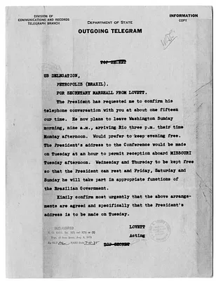 Telegram from Acting Secretary of State Robert Lovett to Secretary of State George C. Marshall