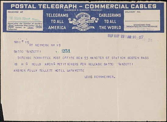 Louis Bernheimer telegram to Sacco-Vanzetti Defense Committee, New York, N.Y., May 19, 1927
