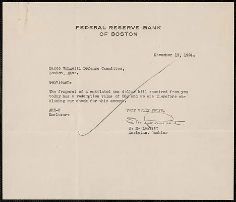 E. M. Leavitt (Federal Reserve Bank of Boston) typed note signed to Sacco-Vanzetti Defense Committee, Boston, Mass., November 19, 1924