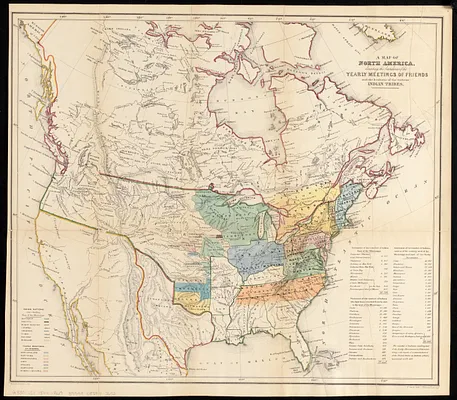 A map of North America, denoting the boundaries of the yearly meetings of Friends and the locations of the various Indian tribes