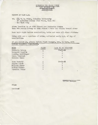 Memorandum to Jeanette Waters, Margaret Casella, Dorothy Zeitlinger, Grace Preziosi, Bernice Russo, Emma Gerhold, Angela Clark, Magaret Kumor, Marion Ziemer, Veronica Brand, December 10, 1948