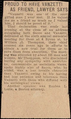 Newspaper clipping, [August 23, 1933]: Proud to have Vanzetti as friend