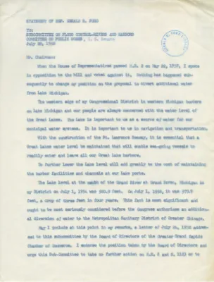 Letter from Congressman Gerald R. Ford to the U.S. Senate Subcommittee on Flood Control, Rivers and Harbors