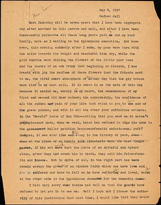 Nicola Sacco typed letter (copy) to Elizabeth Glendower Evans, Dedham, 5 May 1927