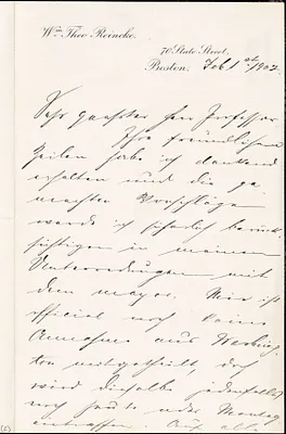 Reincke, William Theo autograph letter signed to Hugo Münsterberg, Boston, 01 February 1902
