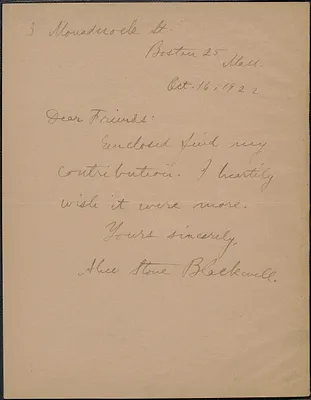 Alice Stone Blackwell autograph note signed to Sacco-Vanzetti Defense Committee, Boston, Mass., October 16, 1922