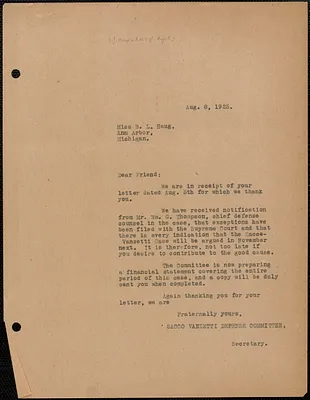Sacco-Vanzetti Defense Committee typed letter (copy) to B. L. Haug, Boston, Mass., August 8, 1925