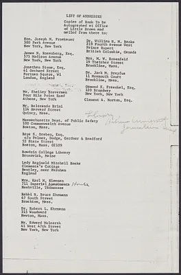 Herbert Brutus Ehrmann Papers, 1906-1970. Sacco-Vanzetti. Lists of persons to receive copy. Box 8, Folder 6, Harvard Law School Library, Historical & Special Collections