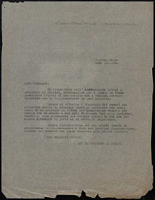 Sacco-Vanzetti Defense Committee typed letter (copy), in Italian, to Cultura Obrera, Boston, Mass., December 13, 1926