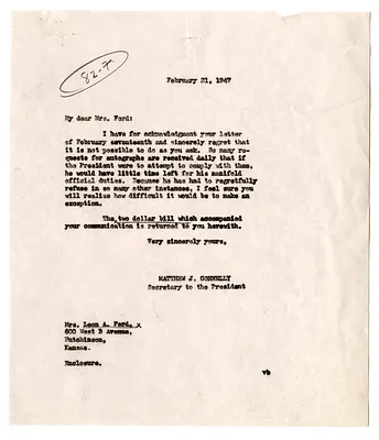Letter from Mrs. Leon Ford to President Harry S. Truman with a Reply from Matthew Connelly