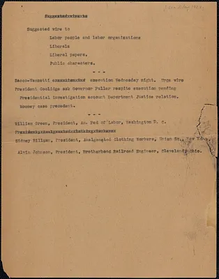 Sacco-Vanzetti Defense Committee telegram (draft) to Labor people and labor organizations, et al., Boston, Mass., approximately [August 8, 1927]