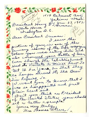 Letter from Mrs. Thomas Stave to President Harry S. Truman