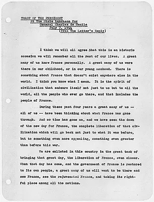 Toast At The State Luncheon For General Charles de Gaulle
