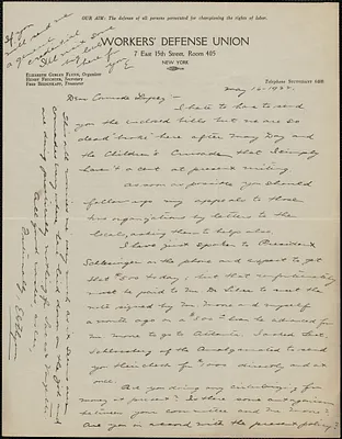 Elizabeth Gurley Flynn (Workers' Defense Union) autograph letter signed to Frank Lopez, New York, N.Y., May 16, 1922