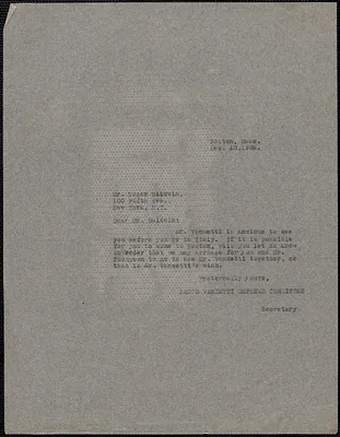 Sacco-Vanzetti Defense Committee typed note (copy) to Roger N. Baldwin (American Civil Liberties Union), Boston, Mass., December 13, 1926