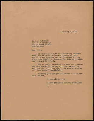Sacco-Vanzetti Defense Committee typed letter (copy) to L. P. Cafarella (Red Star Pharmacy), Boston, Mass., January 3, 1924